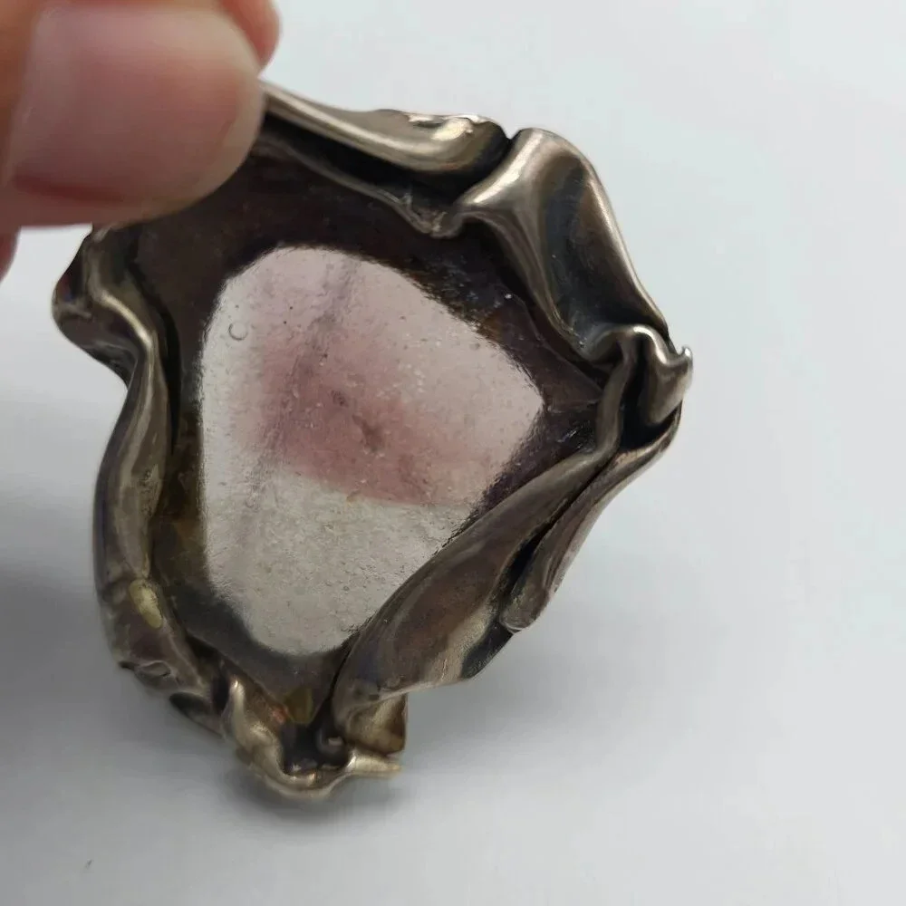Vintage Artisan Abstract Brutalist Sterling Silver Purple Roman Glass Brooch Pin
